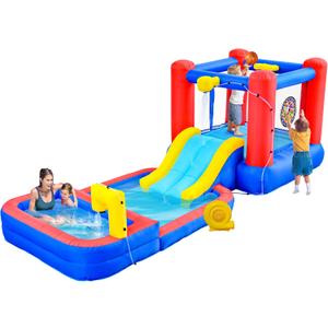 Inflatable Bounce House with Water Sprayers, Water Slides Park with Blower, Dartboard, Basketball Hoop, Deep Pool