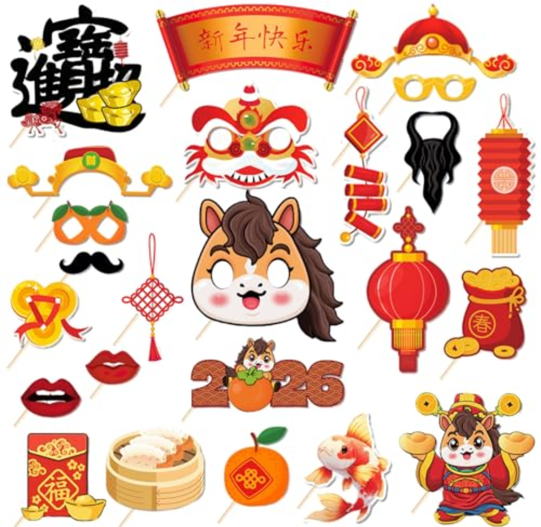 4 x 24PCS Chinese New Year Photo Booth Props,Chinese New Year Decoration 2026,Lunar New Year Decorations,Horse Year Paper Photo Props for Spring Festival Lunar New Year Present Game Party Supplies
