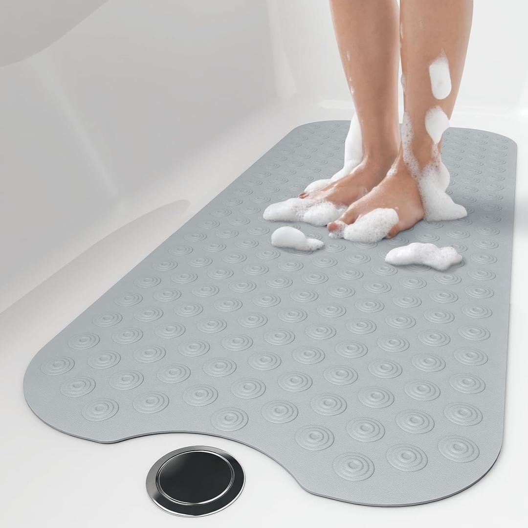 OTHWAY No Suction Cup Bath Mat: 39x16 inch Extra Long BathmatPerfect for Ordinary or Refinished Bath Tubs Made of Nature RubberProtect Your Bathtub (Grey)