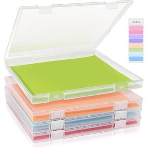 12x12 Inch Scrapbook Paper Storage, 4 Pack Plastic Paper Storage Box with Colorful Tab, Stackable Board Game Storage for Paper File, Photo, Craft Supply, Board Game, Office Supply, Vinyl Sheet
