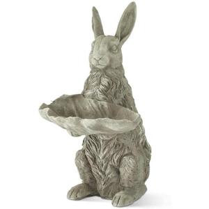 Distressed Stone Look Garden Bunny Rabbit Holding Leaf Tray