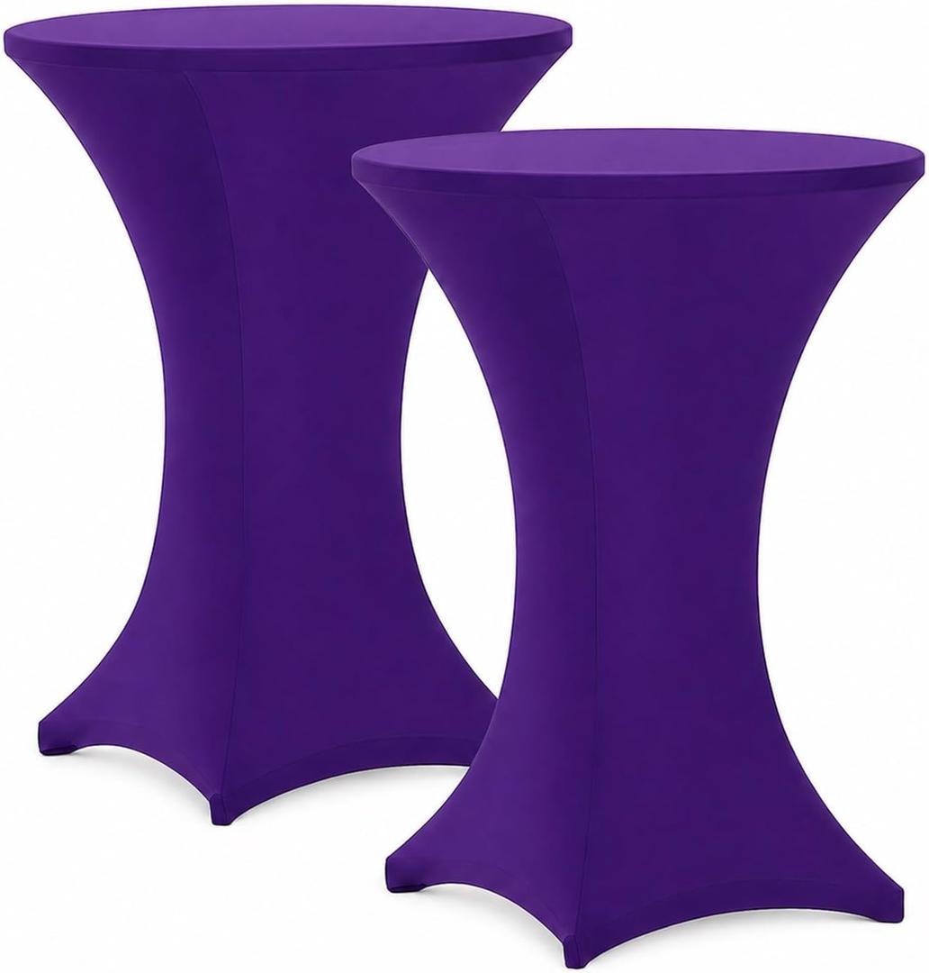 Cocktail Table Covers - 2 Pack 32x43 Inch Table Cloth - Purple Fitted Stretch Spandex Round High Top Tablecloth for Party, Bar, Birthday, Pub, Banquet