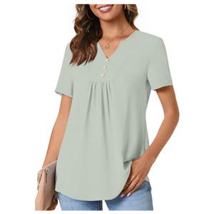 Anydeer Womens Short Sleeve Summer Tunic Tops Dressy Chiffon Blouse Henley Shirts 2025 Casual Pullover Size M