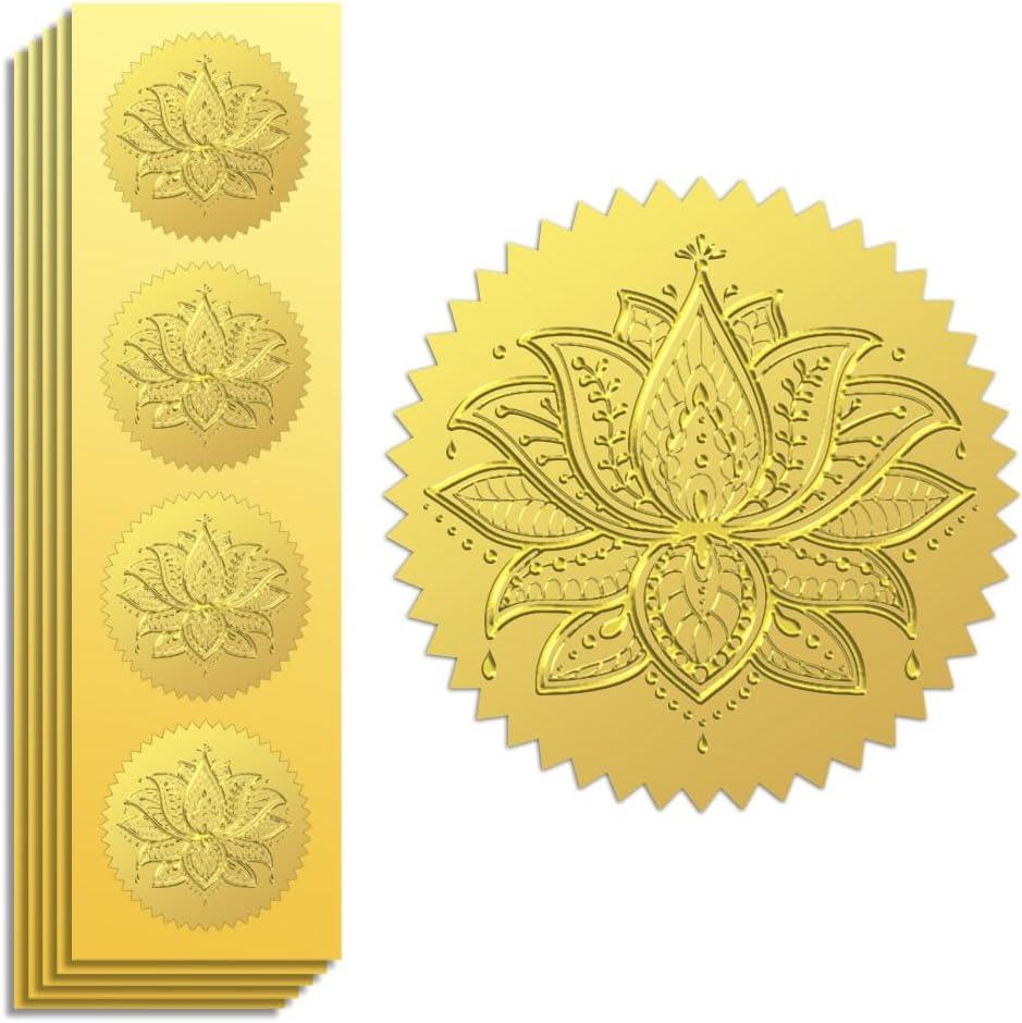 Peacoblue Gold Foil Stickers Seals Official Embossed Bohemian Lotus 2 Inch 100Pcs, Self Adhesive Gold Around Embossing Medal Sticker for Certificate Paper, Student Reward, Award, Envelope Seal