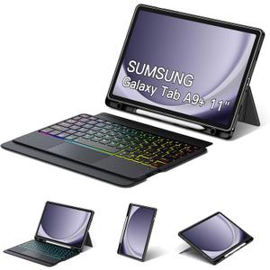 Trackpad Keyboard Case for Samsung Galaxy Tab A9 Plus/A9+ 11 Inch 5G 2023 SM-X210/X216/X218, 7-Color Backlit Slim Wireless Detachable Magnetic Keyboard for A9+ Tablet with S Pen Holder Black