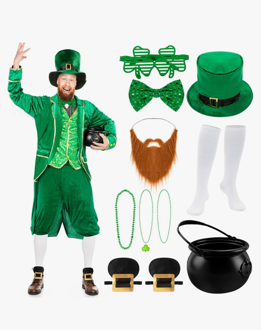 Capoda 12 Pcs St Patrick's Day Leprechaun Costume Men's Leprechaun Suit Irish Shamrock Accessories for Adult Xtra Large