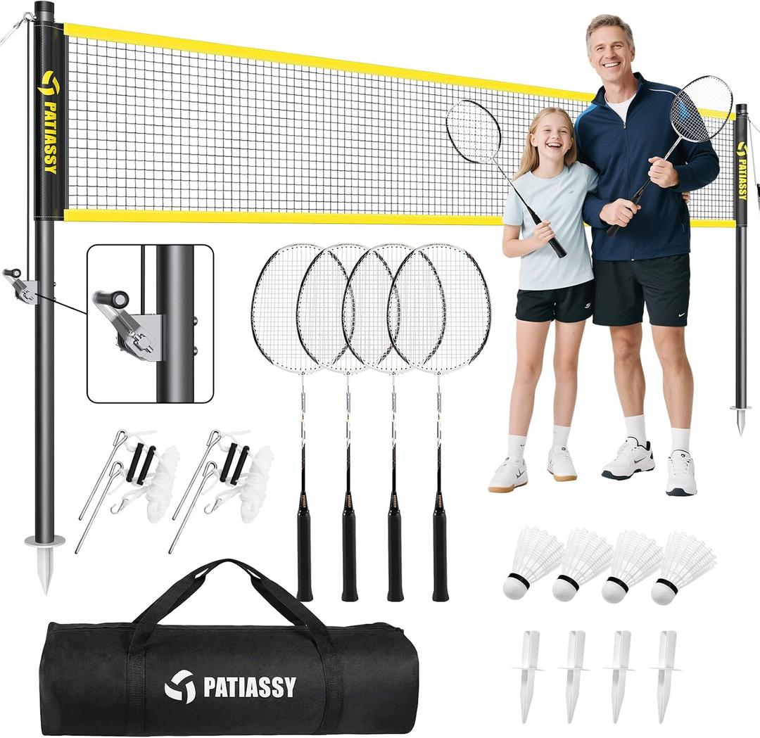 Professional Badminton Set with Carbon Fiber Badminton Rackets Set of 4, Outdoor Portable Badminton Net with Anti-Sag Winch System, 4 Nylon Badminton Shuttlecocks and Bag, 20FT Net