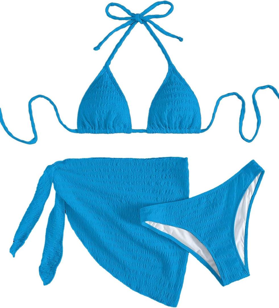 SHENHE Women's 3 Piece Textured High Cut Halter Triangle Bikini Swimsuit with Cover Up (Azure Blue)