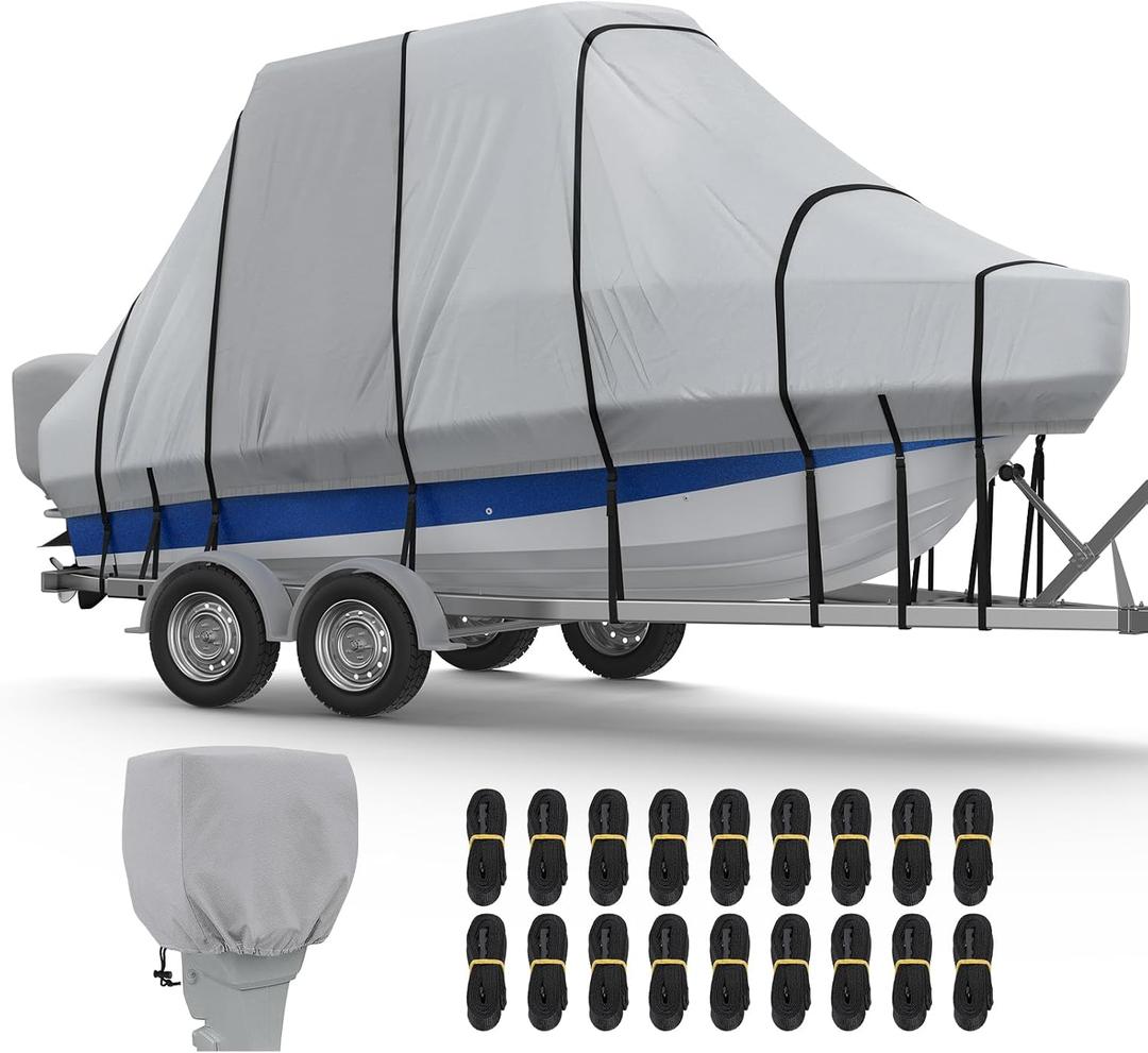 RVMasking Hard Top/T-Top Boat Cover, 1200D Partial Reinforced Waterproof Heavy Duty with Motor Cover for Center Console Boat with T TOP Roof, 17'-19' Long Beam Width up to 106", Gray