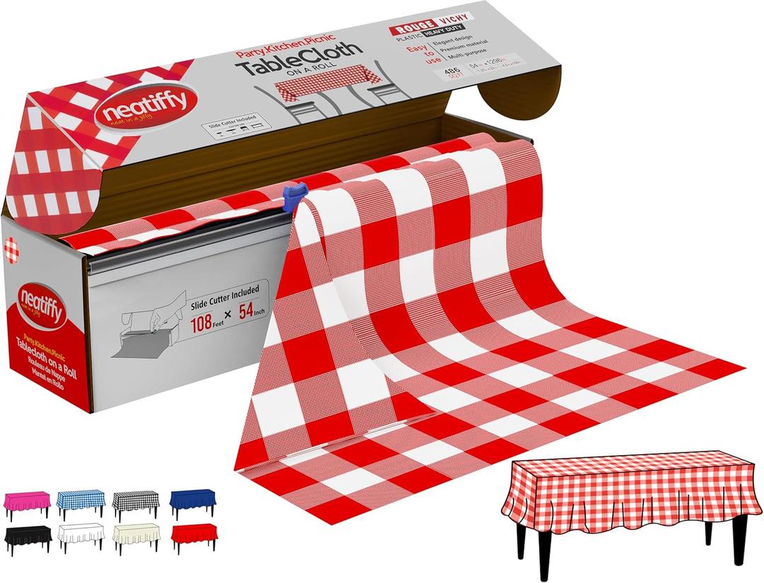 Neatiffy Disposable Plastic Table Cloth Roll | 54 in x 108 Ft Waterproof Tablecloth | Table Cover for Rectangle, Square, Round Oval Tables | Picnic, Party, Banquet, Birthdays, Weddings, Red Checkered