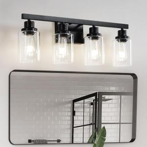 Bathroom Vanity Light, 4-Light Modern Matte Black Wall Sconce Lighting with Clear Glass Shade, Black Wall Lights,Bath Vintage Wall Mounted Lamps for Mirror Bedroom,Living Room (4-Light, Black)