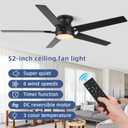 52 Inch Ceiling Fans with Lights and Remote Control, Low Profile Flush Mount, Quiet Reversible DC Motor, Modern Matte Black Finish, Energy Efficient for Bedroom/Living Room Indoor/Outdoor Use