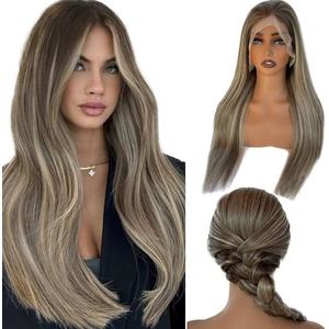 Valiilo 13x6 HD Lace Front Wig Human Hair Balayage Highlight 180% Density 20 Inch Free Part Ombre Brown to Ash Brown Human Hair with 613 Blonde Highlights Wig Pre Plucked