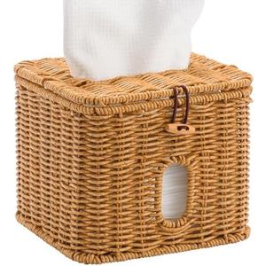 Hordely Facial Clean Skin Club Face Towels Holder for Bathroom, Plastic Rattan Disposable Face Towel Holder, Farmhouse Style for 50 XL Face Towels Box Basket with Lid, Light Brown