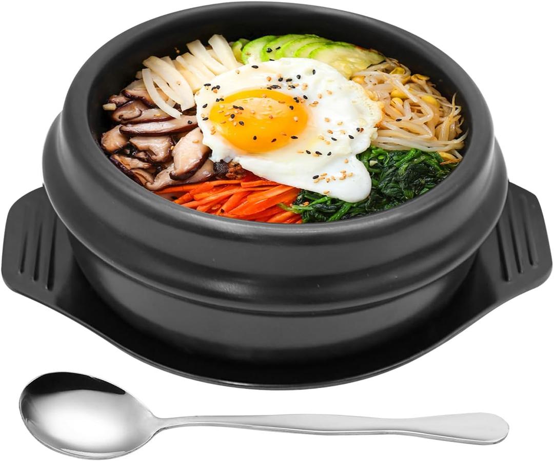 Laffoonparts Korean Stone Pot Set with Tray , Ceramic Bowl for Bibimbap and Soup, No Lid (1100 ML (37 OZ))