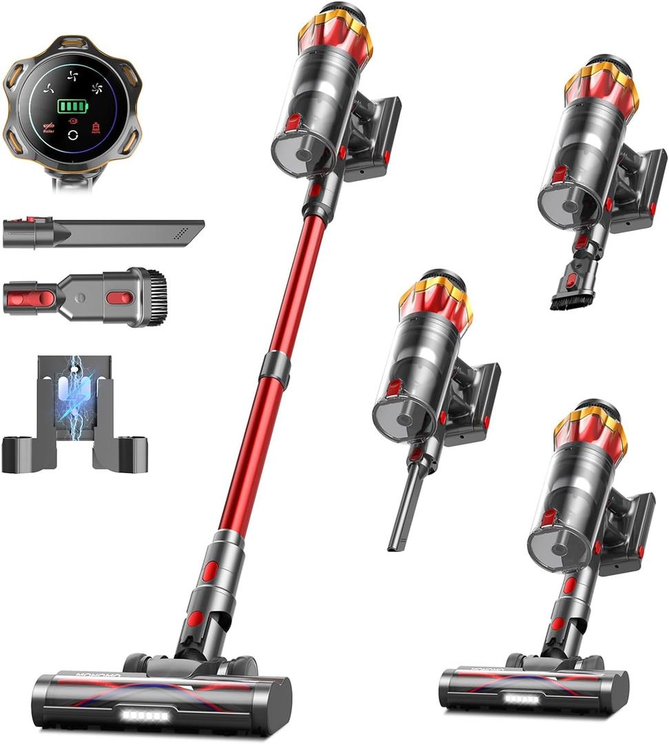 Cordless Vacuum Cleaner, 650W/55KPa 70Mins Vacuum Cleaners for Home, Self-Standing Stick Vacuum with Anti-Tangle Brush & OLED Touch Screen, Vacuum Cleaner for Hardwood Floors,Carpet,Pet Hair,Car (Red)