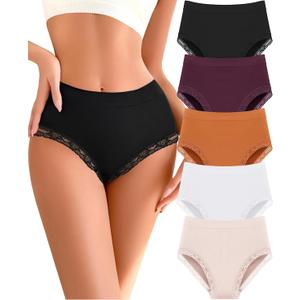 Seamless High Waisted Lace Underwear for Women 5-Pack Stretchy Full Coverage Briefs Plus Size Tagless Panties (Large, Black/Purple/Caramel/White/Nude)