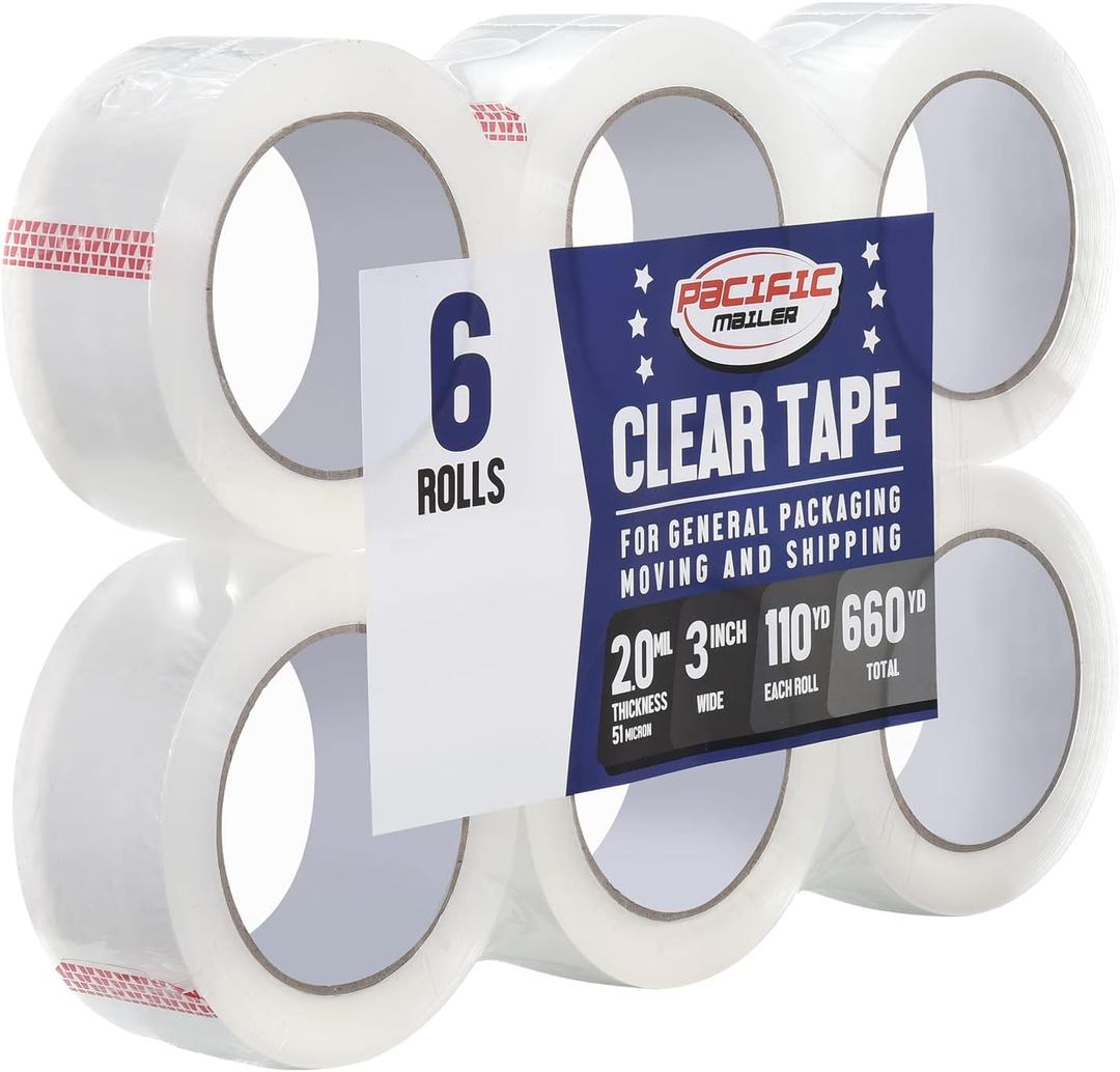 Pacific Mailer Clear Packing Tape, Packaging Tape for Shipping Packaging Moving Sealing, 3 Inch Wide, 2.0mil Thickness, 110 Yard Per Roll [Pack of 12 Rolls]