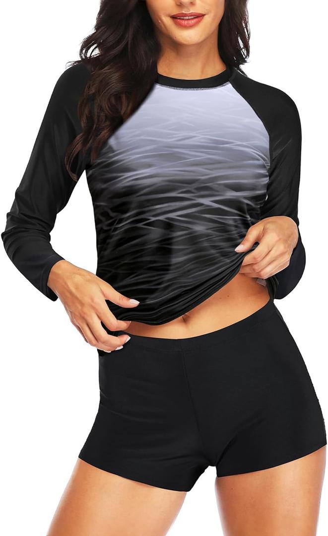 Daci Women Two Piece Rash Guard Long Sleeve Swimsuits UV UPF 50+ Swim Shirt Bathing Suit with Boyshort Bottom (X-Large, Black Gradient)