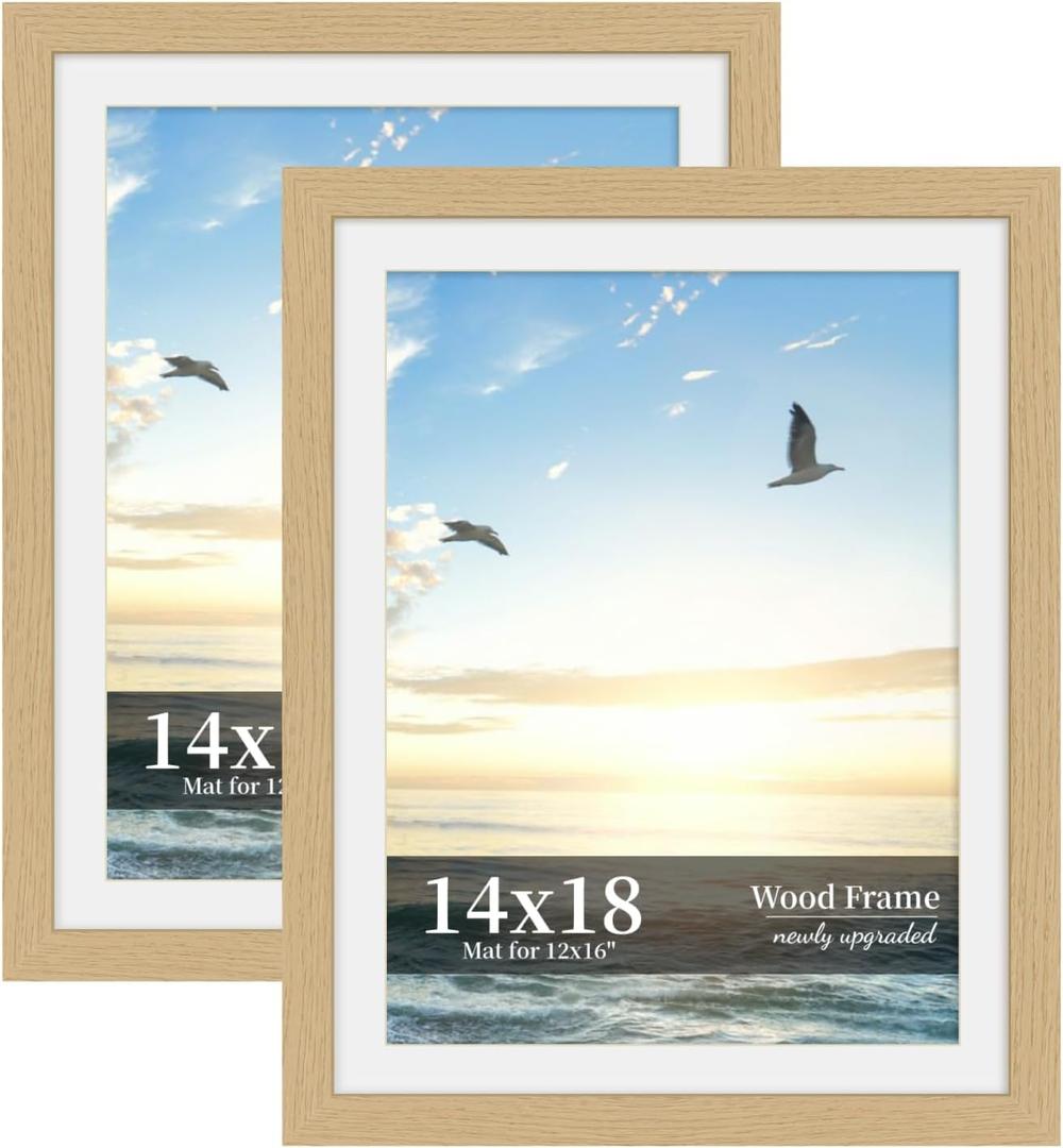 14x18 Picture Frame Set of 2, Wood Frame with Real Glass, Wide Border | Displays 12x16 with Mat or 14x18 without Mat, Horizontal or Vertical Wall Mount, Natural Oak for Gallery Walls