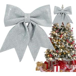TONIFUL 12x14 Inch Glitter Bow Silver Shiny Christams Bow for Home Party Wedding Indoor Decoration Gift Wrapping Accessories, Christams Whreath Bow DIY Handcraft Bow