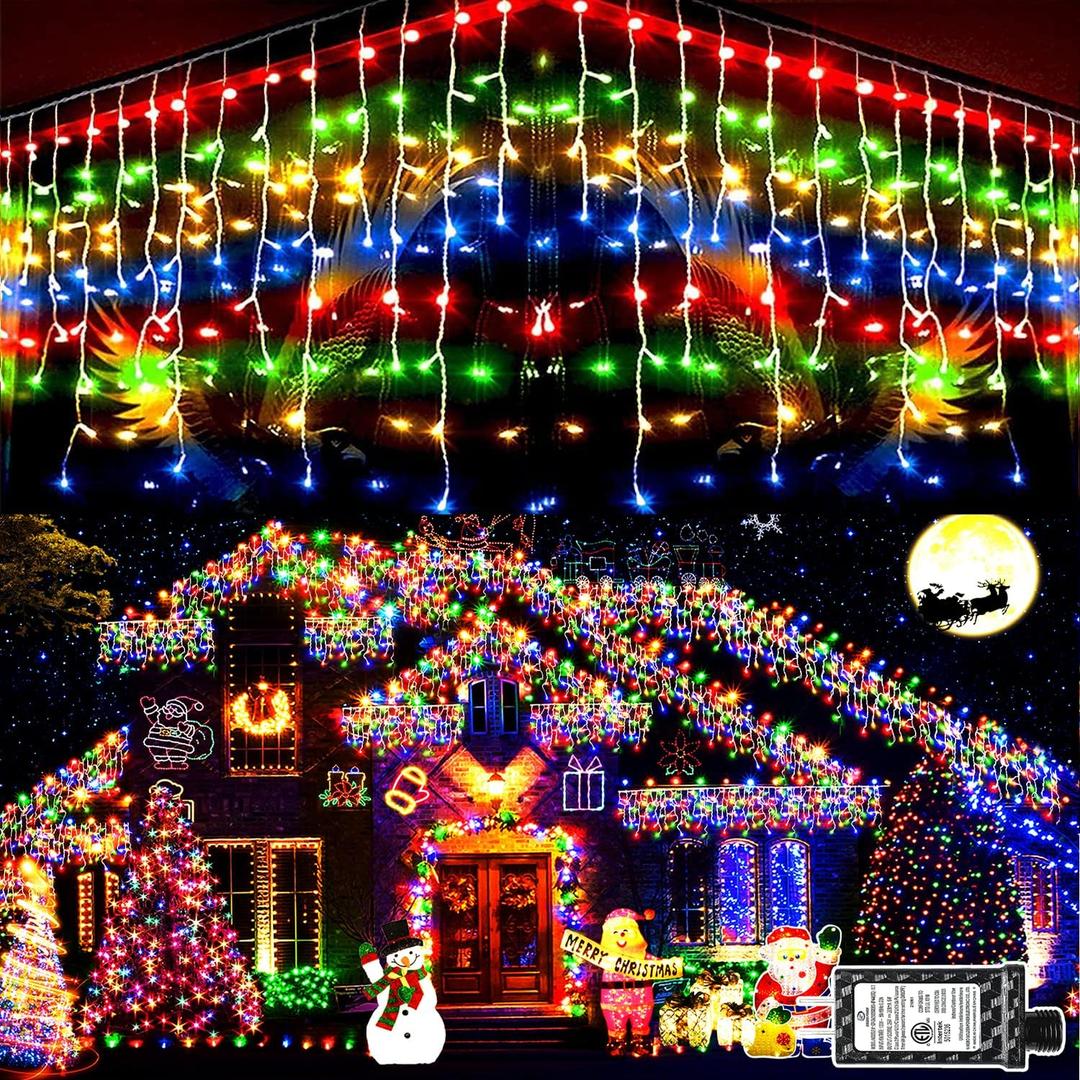 KNONEW Christmas Lights Outdoor Decorations 400 LED 33ft 8 Modes Curtain Fairy String Light with 75 Drops, Clear Wire LED String Light for Wedding Party Holiday Christmas Decorations Multicolor