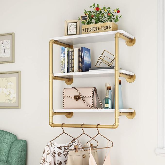 HOMEKAYT 24" Industrial Pipe Shelving Floating Wall Shelves 2 Tier Gold Shelves Multiple Use for Kitchen, Bedroom,Living Room,Bathroom