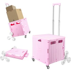 Foldable Cart with Stair Climbing Wheels, Collapsible Rolling Crate with Telescoping Handle, Handcart for Grocery Book File Tool Art Supplies(Pink)
