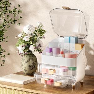 Delamu Makeup Organizer for Vanity, Skincare Organizer with Lid and Drawers, Bathroom Counter Organizer Perfume Makeup Storage, Large Cosmetic Display case for Dresser, Bathroom Countertop, White