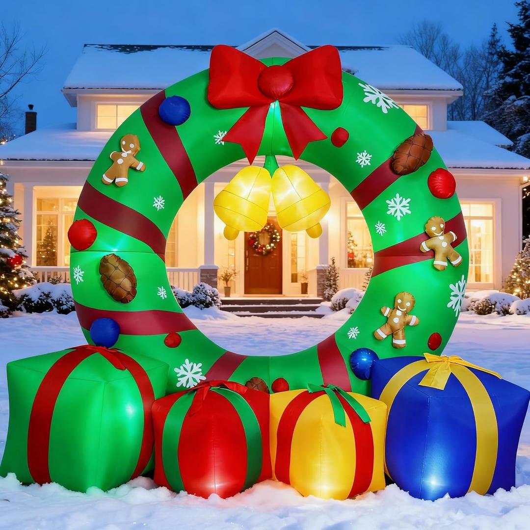 Max Fun 10FT Giant Inflatable Christmas Wreath Outdoor Decor Blow Up Xmas Wreath with Gift Boxes Bells LED Lights Holiday Yard Lawn Garden Decoration