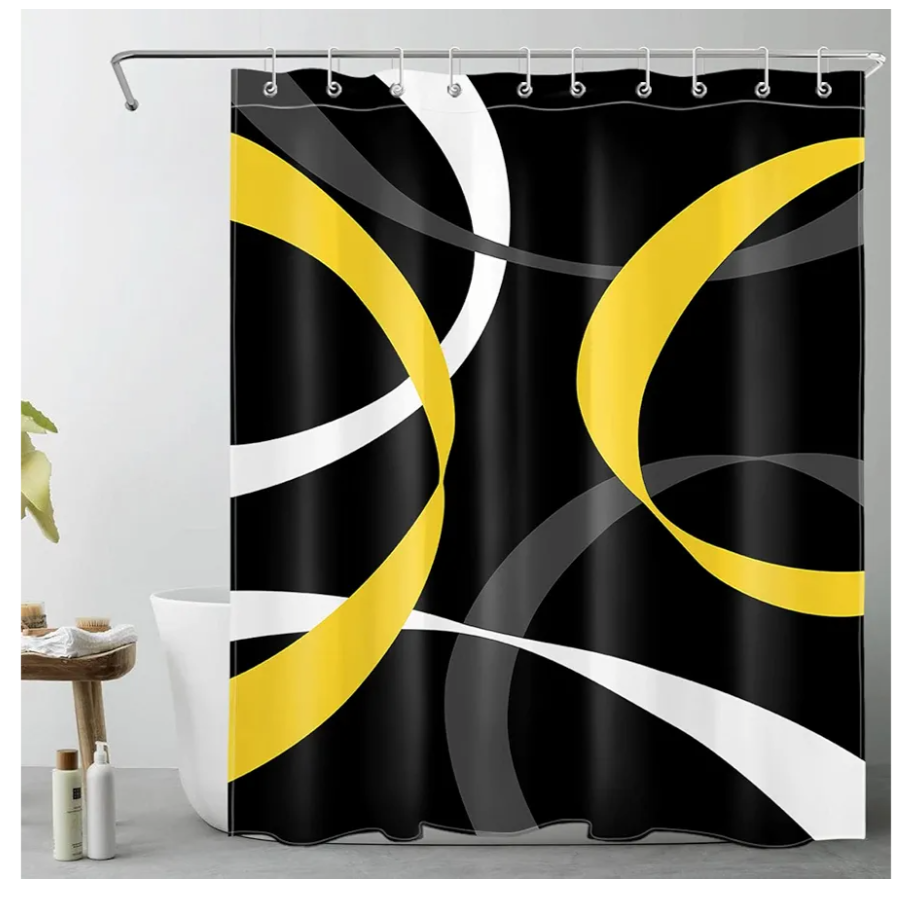 LB Abstract Geometric Shower Curtain for Bathroom,Yellow Grey and White Striped on Black Background Fabric Shower Curtain with Hooks,Modern Aesthetic Bathroom Curtains Shower Set
