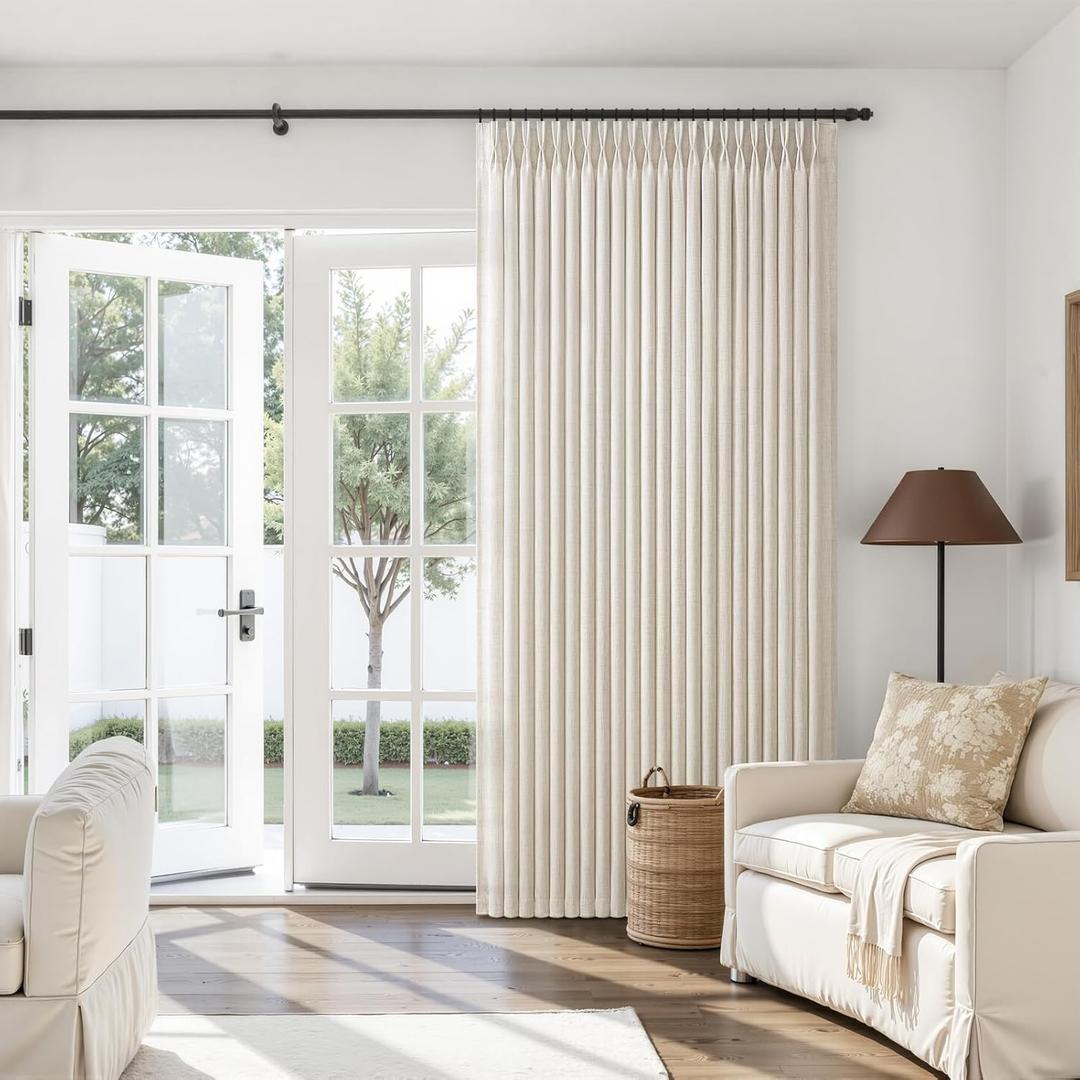 Extra Wide 70 Inch Birch Pinch Pleated Living Room Curtains 84 Inches Long 1 Panel, Memory Trained Viral Thick Linen Semi Sheer Drapes Light Filtering Privacy Textured Windows Curtain 7FT Length