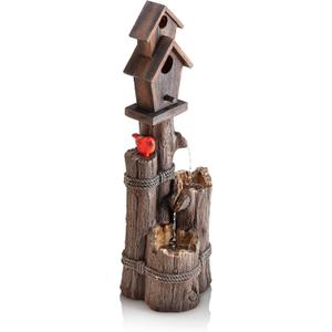 Alpine Corporation 35" Tall Outdoor 3-Tier Birdhouse Water Fountain with Cardinal Accent, Rustic Floor Decor for Garden and Patio, Brown