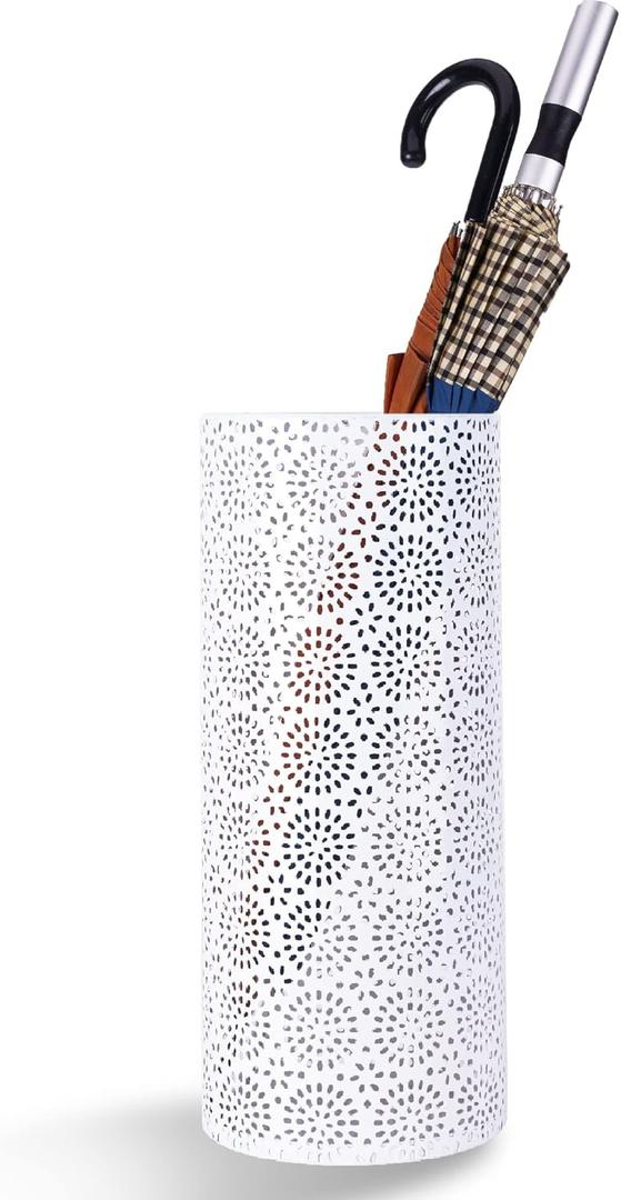 Umbrella Stand Rack for Entryway, Free Standing Metal Umbrella Holder, Round Umbrella Organizer Bin with 3 Hooks for Long Short Umbrella, Walk Stick, Home Office Indoor, 17 x 7 Inch, White