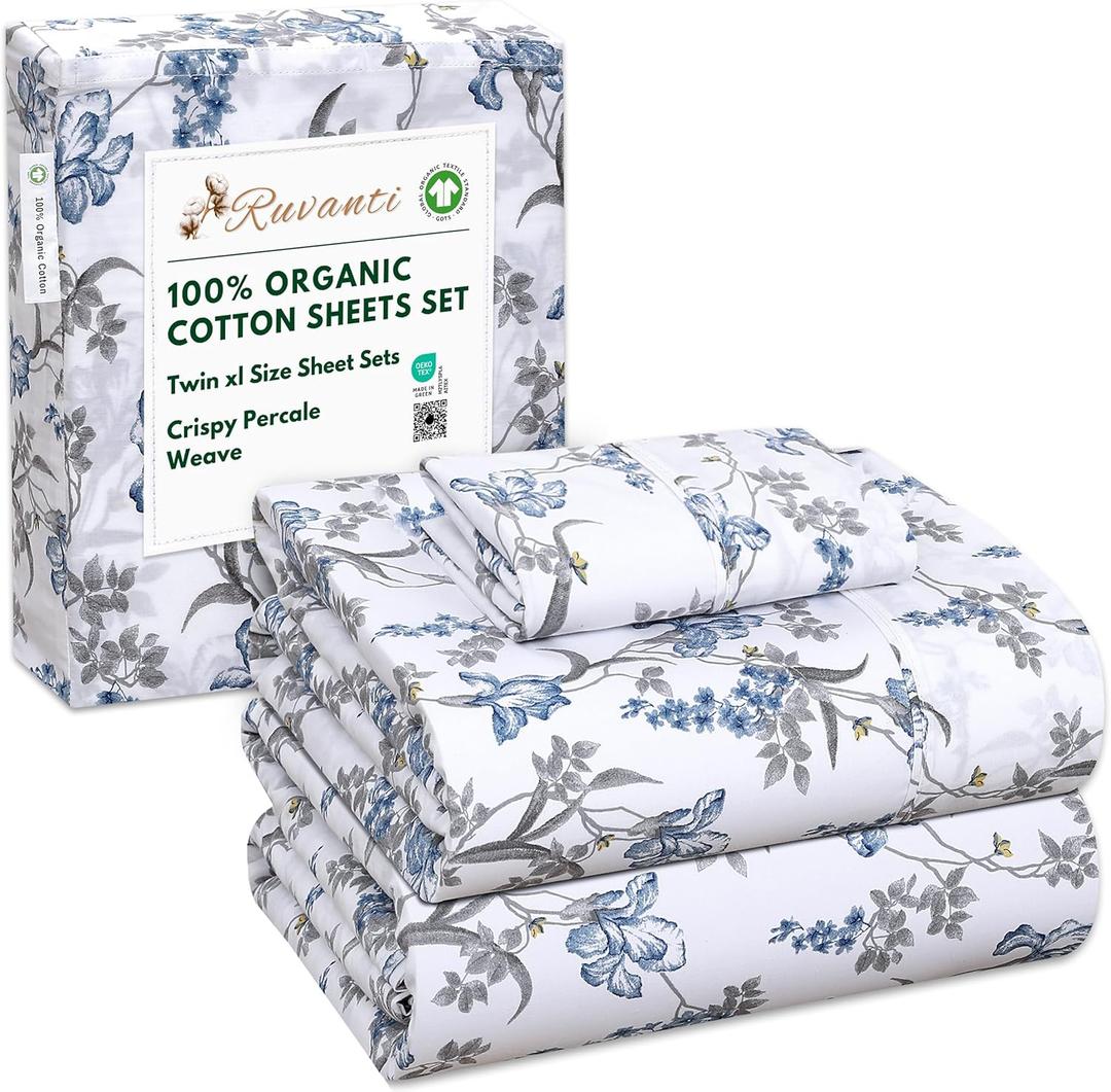 RUVANTI 100% Organic Cotton Sheets Twin XL, Percale Weave, GOTS Certified, 3-Piece Set, Deep Pocket 15", Crisp & Breathable, Soft Durable Bedding, Sbanas Algodn Orgnico  Deluxe
