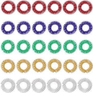 30 Pieces Acupressure Rings Spiky Sensory Rings for Fingers Stress Relief Fidget Sensory Massager for Teens Adults (Red, Blue, Green, Gold, Silver)
