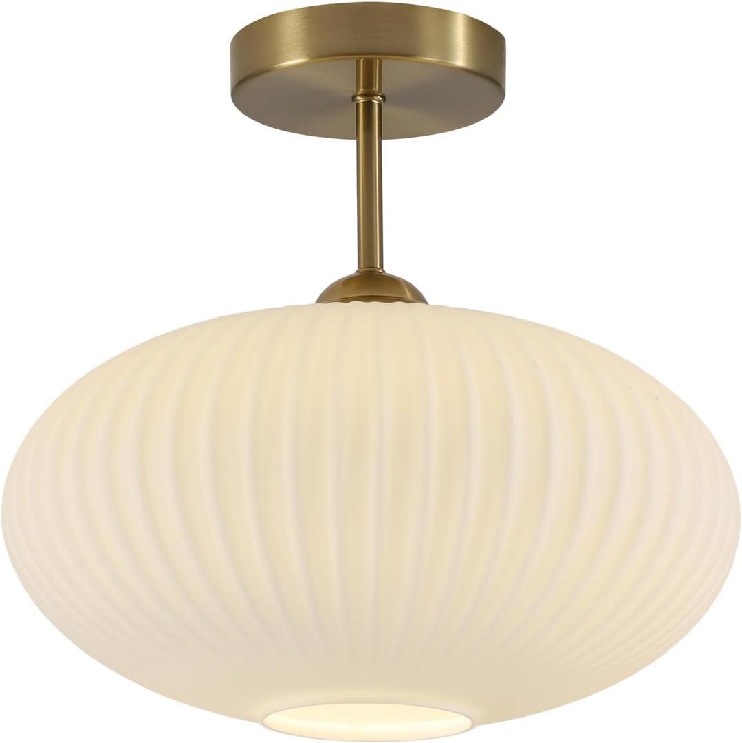 Mid Century Modern Brass Semi Flush Mount Ceiling Light Small Ribbed Milk Glass Flush Mount Ceiling Light Gold and White Flush Mount Light Vintage Hallway Lighting Fixtures