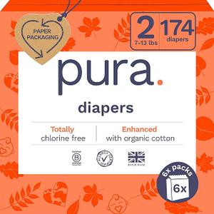 Pura Hypoallergenic Diapers Size 2 (713 lbs) Monthly Pack, Totally Chlorine Free, Wetness Indicator, Suitable for Sensitive Skin, Soft Organic Cotton Comfort, Overnight, 6 Packs of 29 (174 Diapers)