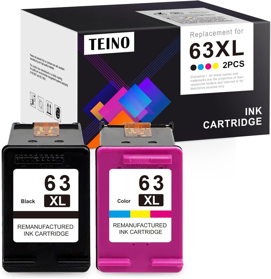 TEINO 63XL Ink Cartridges Black and Color Replacement for HP Ink 63 63XL Ink Cartridge Combo Pack Work for HP OfficeJet 4520 3830 4650 5258 5255 4652 3833 DeskJet 1112 3630 Printers 63 Ink, 2-Pack