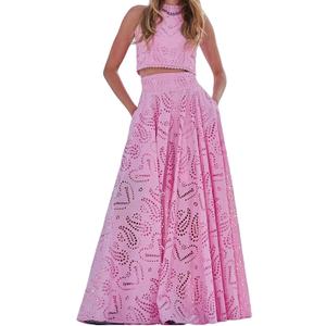 Women's 2 PCS Lace Holes Tank Tops Bodycon Skirts Sexy Nightclub Party Dress Outfits Set (Medium, Pink)