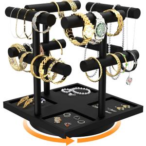 2-Tier Rotating Bracelet Display Stand, Wooden Jewelry Bracelet Display Holder-4 Removable Holders, Bracelet Organizer for Bangles, Necklaces, Bracelets, Rings, Earrings and Watch, Black