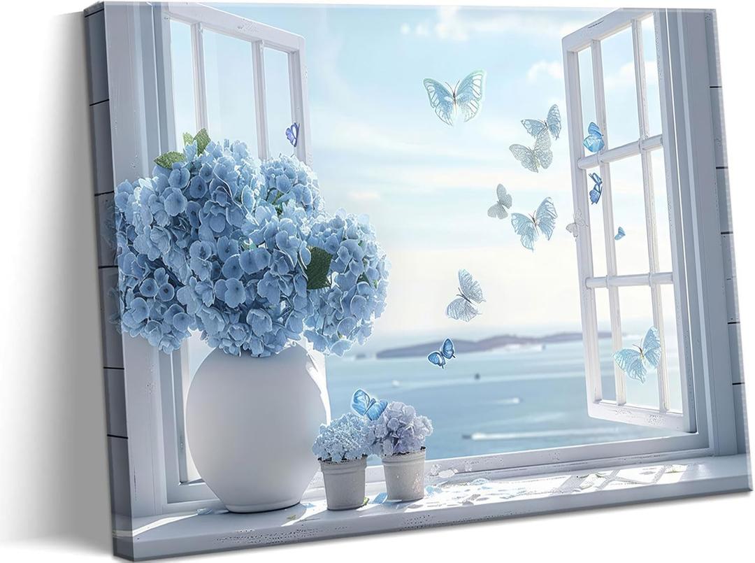 Coastal Flower Bathroom Canvas Wall Art Blue Hydrangea Floral Vase Butterfly Window Wall Decor Picture Seascape Beach Aesthetic Poster Print for Living Room Bedroom Bathroom Home Decoration 12x16in