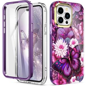 Cute Flower Case for iPhone 16 Pro 6.3 inch Built with Screen Protector, Lightweight and Stylish Full Body Shockproof Protective Rugged TPU Case for Women/Girls-Butterfly