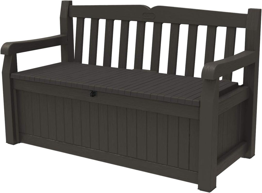 Keter Solana 70 Gallon Storage Bench Deck Box for Patio Furniture, Front Porch Decor and Outdoor Seating  Perfect to Store Garden Tools, Brown/Brown