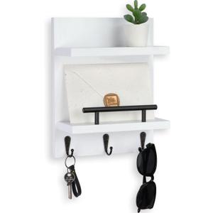 Key Holder Wall Mount, Mail Shelf Decor with 3 Key Hooks, Versatile Wood Wall Organizer for Entryway Hallway (8.2 x 10.6x 3.6) (White)