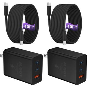 USB C Charger Block 100W, 3Port GaN Super Fast Charger, Type C Wall Charger Adapter with 10ft USB C Charging Cable for MacBook Pro/Air, iPad Pro, iPhone 16/15Pro, Galaxy S24/S23 and More, 2 Pack, Black