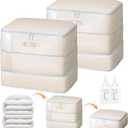 Comforter Storage Bag - Large Capacity Blanket Storage Bags 3-Layer Ultra Space Saving Self Compression Organizer, Washable Compression Bags for Storage Comforter Blanket, 2-Pack, Beige