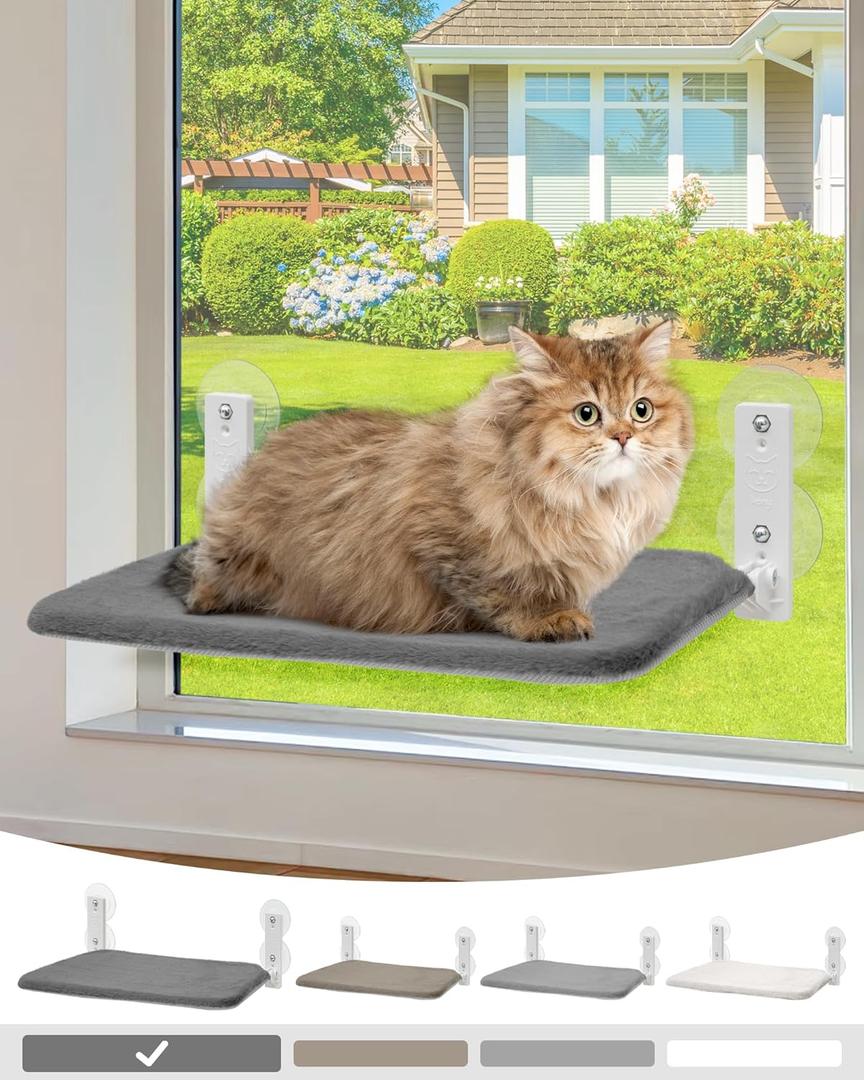 keny Cordless Foldable Cat Window Perch, Reversible Cover with Two Different Kinds of Fabrics, Dark Grey (Medium)