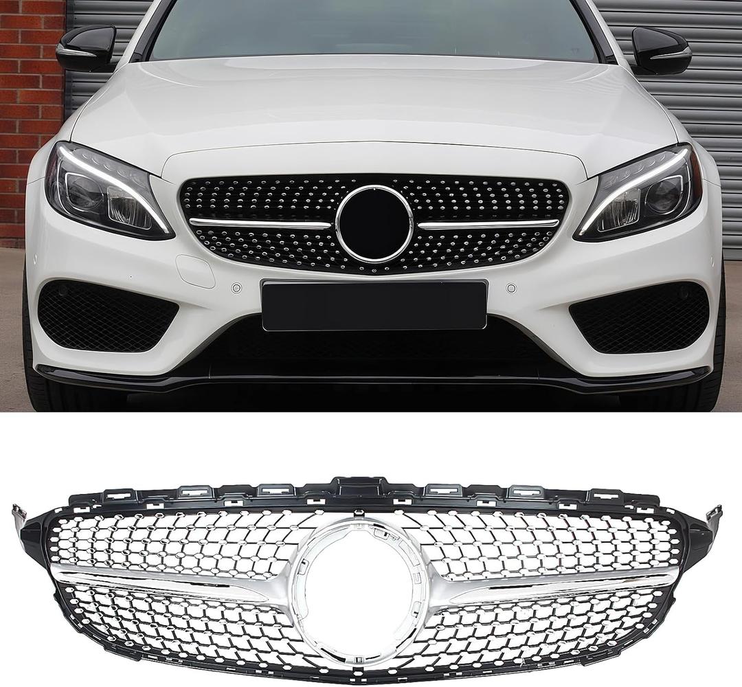 Front Grill Grille for 2015-2018 Mercedes Benz W205 C-Class C200 C250 C300 C350 C400 Silver Diamond Front Bumper Grill Direct Fit Replacement ABS Plastic with Emblem Grille