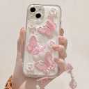 Changjia for iPhone 16 Glitter Butterfly Case,Cute Girly 3D Flower Floral Crystal Pearl Bling Sparkle with Wrist Strap Chain Soft TPU Silicone Aesthetic Women Girls Phone Case for iPhone 16 6.1", Pink